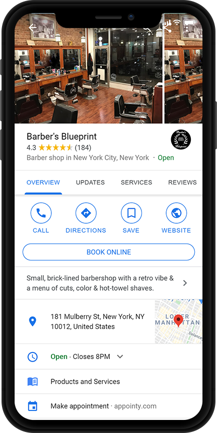 Mobile screen showing Barber’s Blueprint’s Google Card with business details and book button