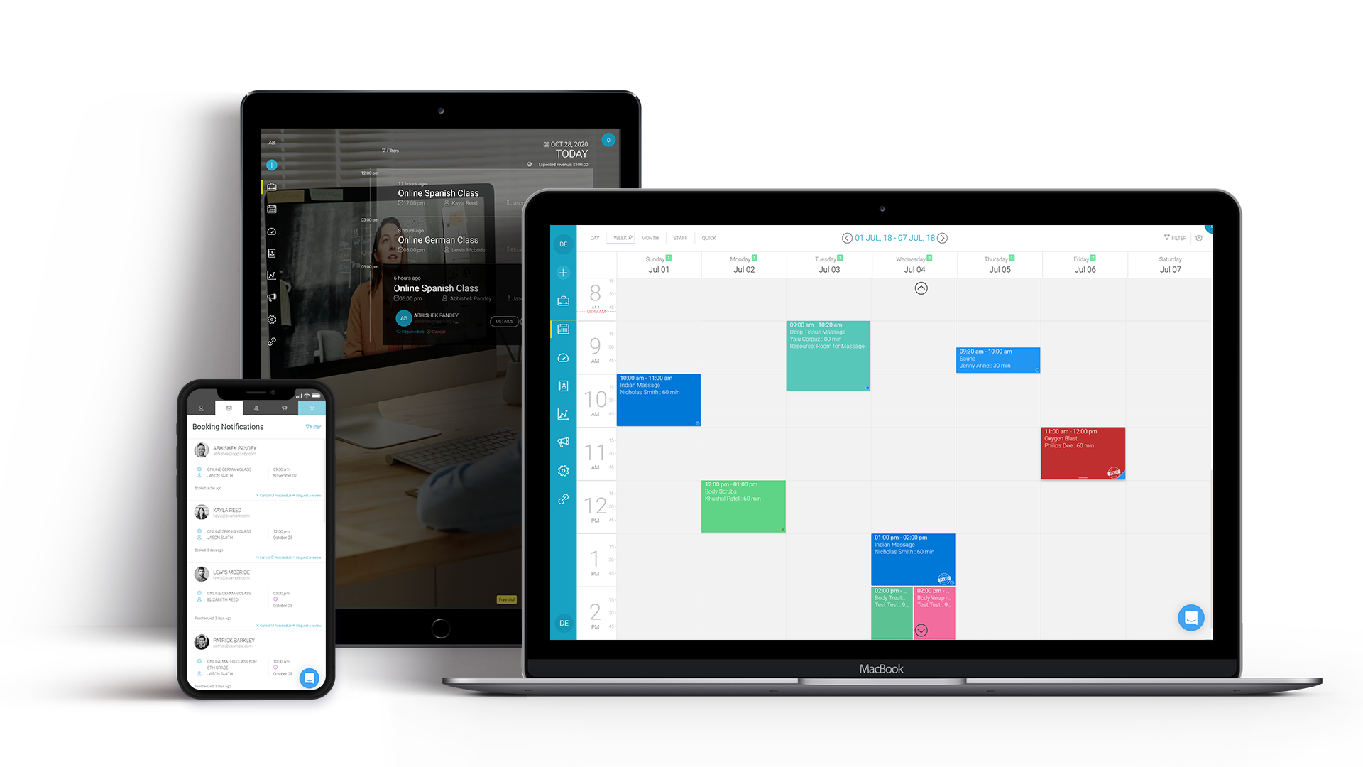 Appointy's admin portal, calendar and notifications page displayed on various devices