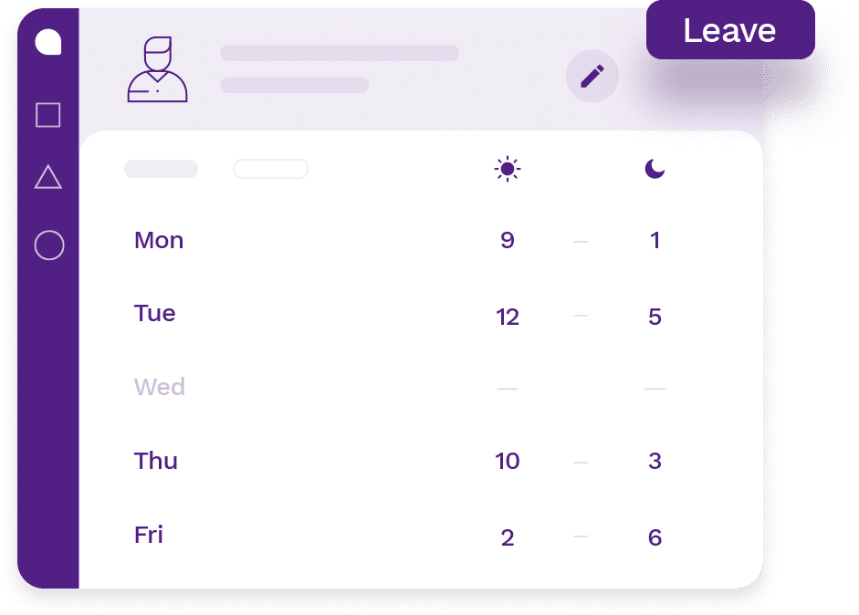Employee's personal profile page with real-time schedule & a "leave" button to manage availability